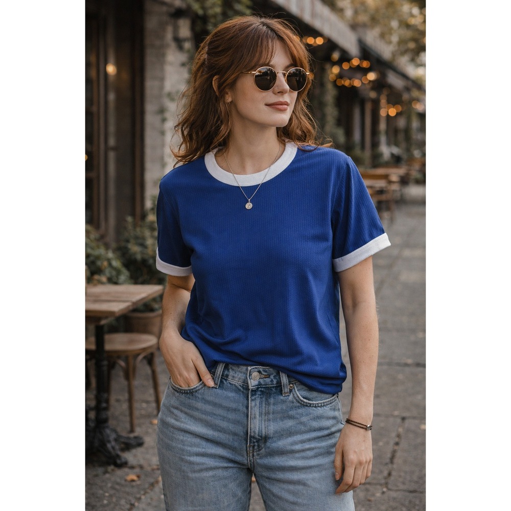 Vintage Sportswear Ringer T-Shirt Royal Blue White Trim Made‎ in USA Polyester S